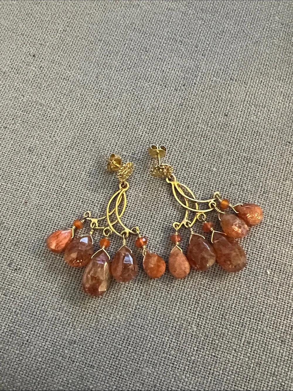 Gold Drop Earrings with Orange Gem Sunstone Teardrops - Picture 3 of 5